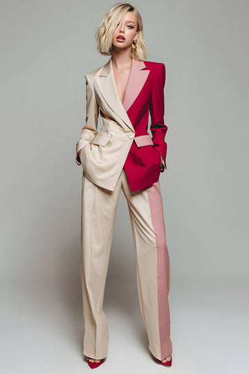 Light Khaki Red ColorBlock 2-Piece Notched Lapel Women Suits